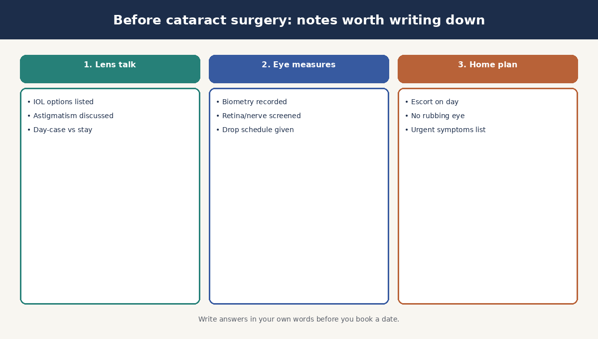 Three-step cataract preparation checklist covering lens discussion eye measurements and home recovery plan